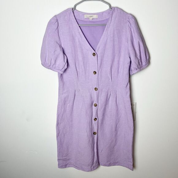 Loft Women’s Button Front V-Neck Dress Lavender Linen Blend Size 4 Romantic - Picture 1 of 7